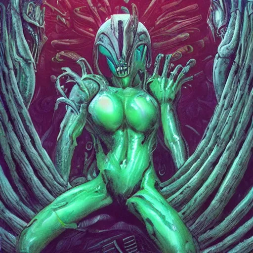 Prompt: xenomorph queen surrounded by eggs, dark emerald mist colors, giger color liminal backfill