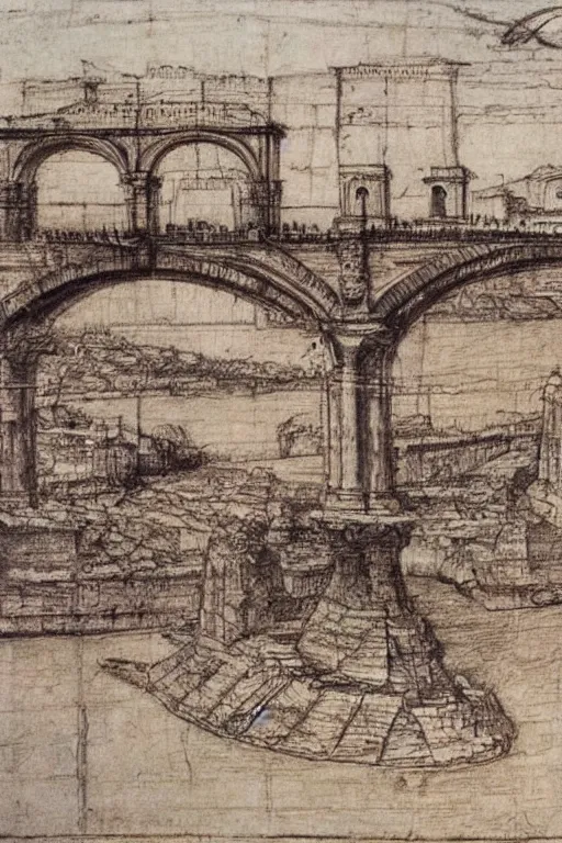 Prompt: trajan's bridge, also called bridge of apollodorus over the danube, sketch made by leonardo davinci, super detailed sketch, amazing details, ancient parchment,