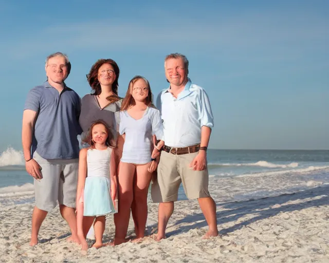 Prompt: happy father, mother, son, daughter, pose portrait on beach