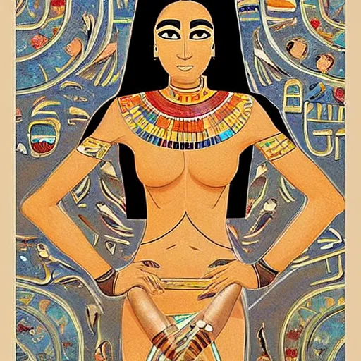 Image similar to A beautiful performance art. She has deeply tanned skin that makes me think of Oort, an almond Asian face and a compact, powerful body. ancient egyptian mural by Dustin Nguyen ghostly, washed-out