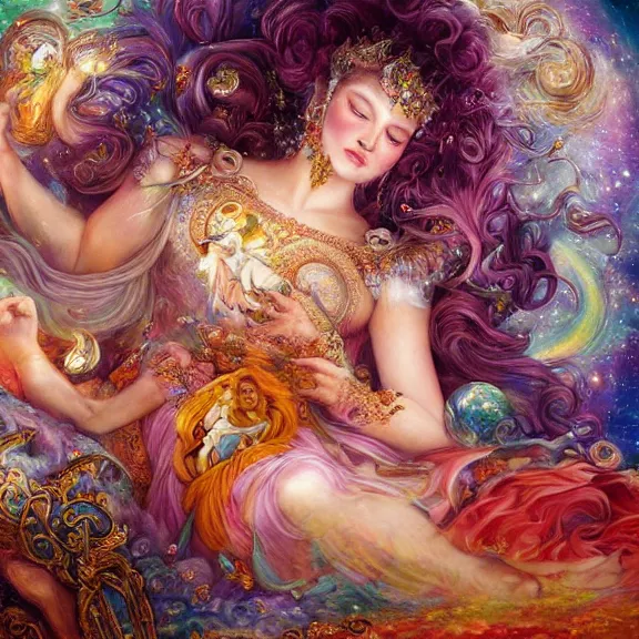 Image similar to a celestial goddess on her day off catching up on social media in bed, magic realism, art by josephine wall, art by huang guangjian, art by viktoria gavrilenko, art by amanda sage, trending on artstation