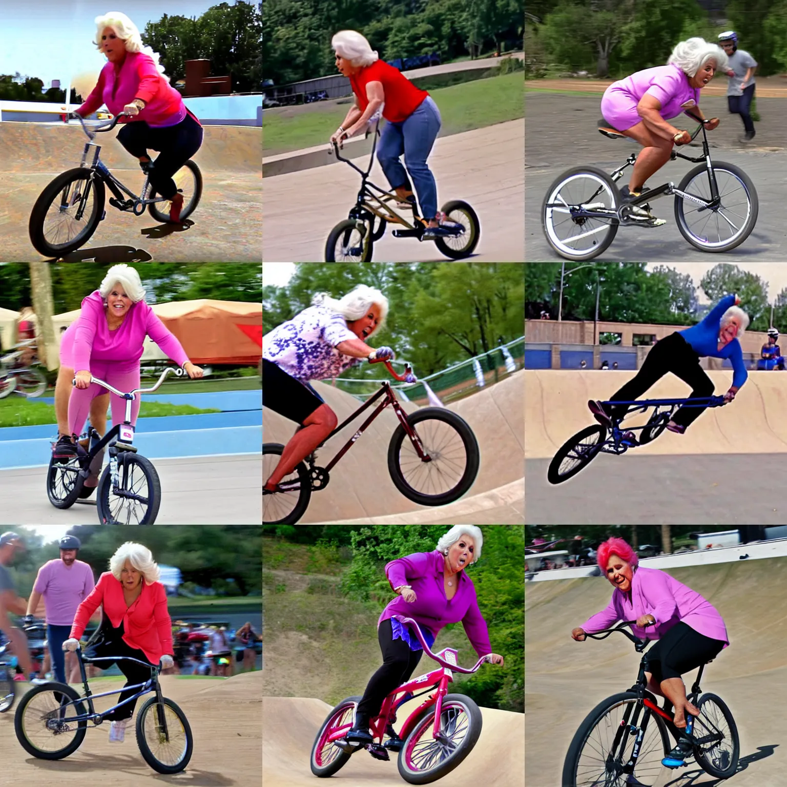 Prompt: Paula Deen falls off her BMX bike during a race, photograph, realistic, 4k, TMZ