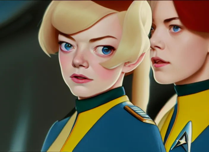 Image similar to a disney film still of emma stone as a star trek officer, finely detailed features, closeup of the face, perfect art, dusk, blue hour, gapmoe yandere grimdark, trending on pixiv fanbox, painted by greg rutkowski, makoto shinkai, takashi takeuchi, alphonse mucha, akihiko yoshida