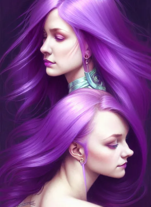 Image similar to Purple hair relistic Portrait of woman with bright colored hair, all shades of purple. Beauty face, Hair coloring, fantasy, intricate, elegant, highly detailed, digital painting, artstation, concept art, smooth, sharp focus, illustration, art by artgerm and greg rutkowski and alphonse mucha