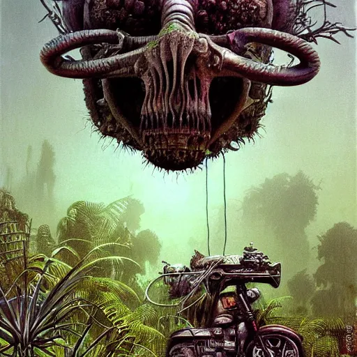 Image similar to a hyperrealistic painting of a futuristic motorcycle in the middle of an alien jungle, bioluminescent plants, by john kenn mortensen and zdzislaw beksinski, highly detailed, vivid color,