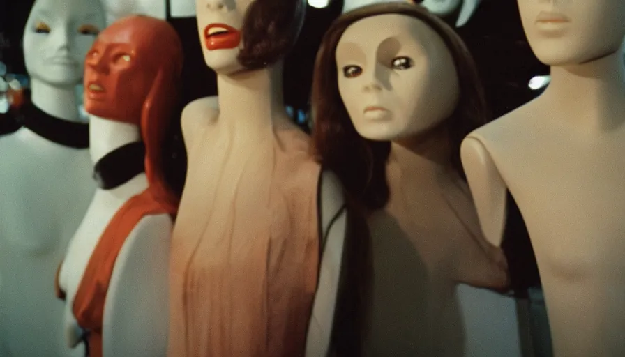 Prompt: 7 0 s film still from a horror movie about mannequins come to life, kodachrome, cinecolor, cinestill, film grain, film texture, retro, cinematic, high resolution, photorealism,