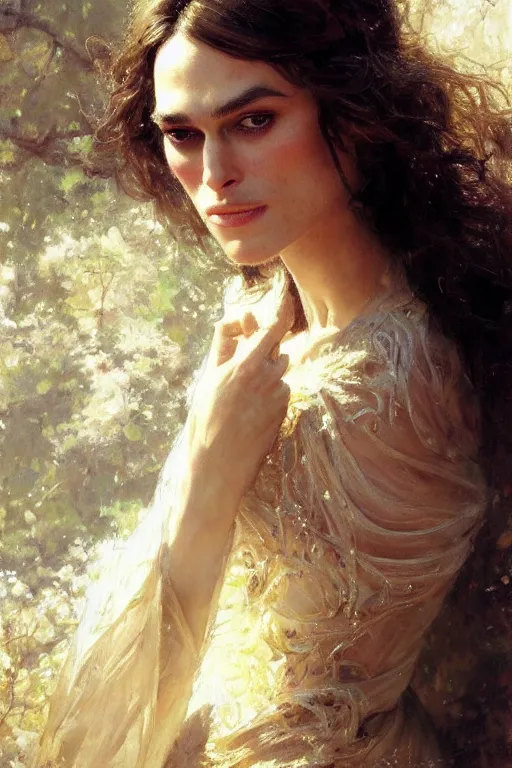 Image similar to detailed realistic cinematic shot of beautiful attractive keira knightley wit slim face symettrical face clean skin, wearing long intricate dress, smooth, sharp focus, ultra realistic, spring light, painting by gaston bussiere, craig mullins, j. c. leyendecker