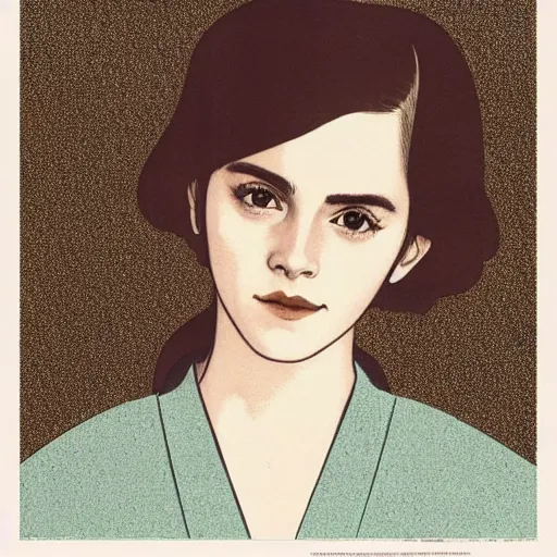 Prompt: “ emma watson portrait by ikenaga yasunari and ayana otake and ko rakusui, 6 0 s poster, drawing, realistic, sharp focus, japanese, dreamy, nostalgia, faded, golden hues, floral clothes ”