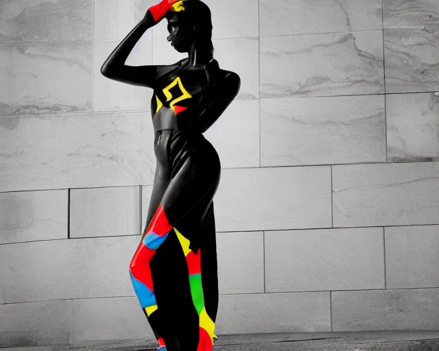 Image similar to extremely beautiful female marble statue in the style of virgil abloh, carved in black marble, colorful motocross logos behind her, sharp focus, clear, detailed,, cinematic, detailed, off white, glamourous, symmetrical, vogue, editorial, fashion, magazine shoot, glossy