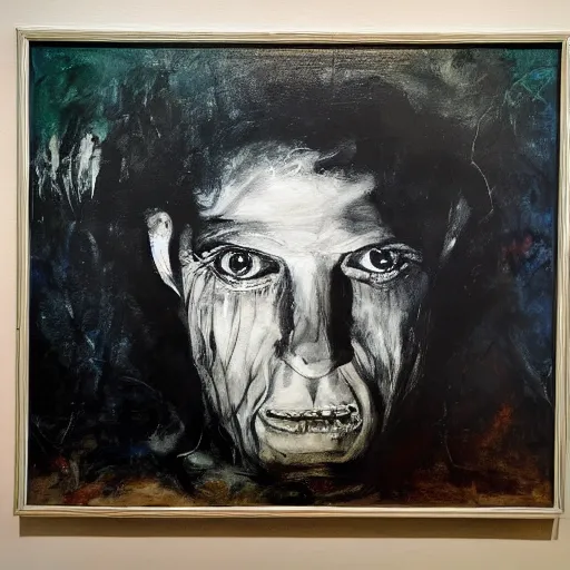 Image similar to acrylic on canvas by sally mann, by robert kirkman dismal, emotive. a beautiful painting of a giant head. the head is bald & has a big nose. the eyes are wide open & have a crazy look. the mouth is open & has sharp teeth. the neck is long & thin.