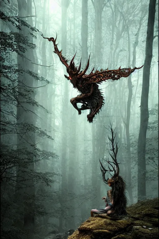 Image similar to fat old devil in the woods, the devil around, intricate, ethereal, by luis royo, hyper detailed, weta digital, ray trace, unreal engine, trending on artist, beautifully lit, cinematic, soft light, photorealistic, volumetric, realistic, glossy, 8 k post - production, masterpiece, luxury, smooth