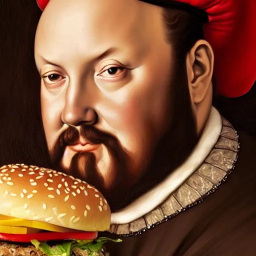 Prompt: portrait of henry viii eating hamburgers, extra onions and ketchup, luscious patty with sesame seeds, feminine ethereal, handsome, d & d, fantasy, intricate, elegant, highly detailed, digital painting, artstation, concept art, matte, sharp focus, illustration, art by artgerm and greg rutkowski and alphonse mucha