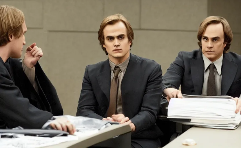 Image similar to anakin skywalker played by hayden christensen wearing jedi robes is talking to a lawyer saul goodman played by bob odenkirk wearing a suit in court, better call saul court scene 1 0 8 0 p, jimmy mcgill in court, court session images, realistic faces