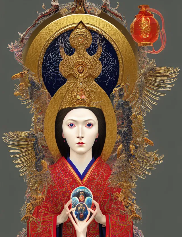 Image similar to 3 d goddess close - up profile portrait russian orthodox icon with ram skull. beautiful intricately detailed japanese crow kitsune mask and clasical japanese kimono. betta fish, jellyfish phoenix, bio luminescent, plasma, ice, water, wind, creature, artwork by tooth wu and wlop and beeple and greg rutkowski