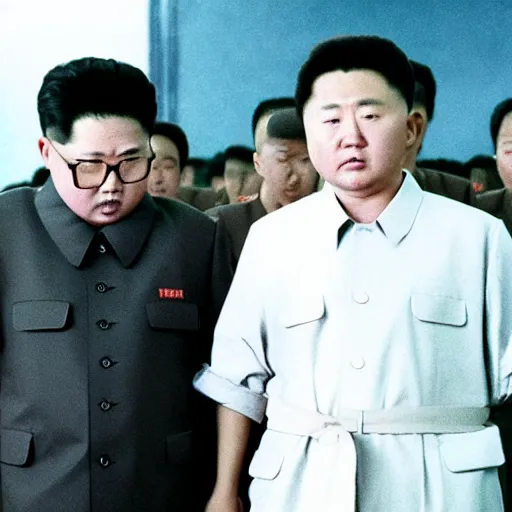 Prompt: low resolution filmstill of a north Korean thriller in the style of Kim Jong-il and Shinya Tsukamoto, Mamiya medium format, cinemascope
