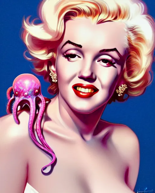 Image similar to close - up portrait of marilyn monroe, holding a pink and blue octopus, portrait, highly detailed, digital painting, artstation, concept art, sharp focus, illustration, art by artgerm and greg rutkowski and alphonse mucha