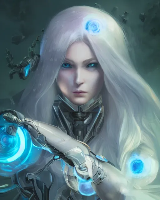 Image similar to holy cyborg necromancer girl, elegant, scifi, futuristic, utopia, garden, illustration, atmosphere, top lighting, blue eyes, white hair, focused, artstation, highly detailed, art by yuhong ding and chengwei pan and serafleur and ina wong