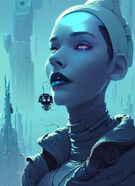 Image similar to highly detailed portrait of stunning android elemental witch lady, stray wiring by atey ghailan, james gilleard, by joe fenton, by greg rutkowski, by greg tocchini, by kaethe butcher, 4 k resolution, gradient blue, cyan, black and white color scheme!!! ( ( snowy glaciated robotic dystopian city background ) )