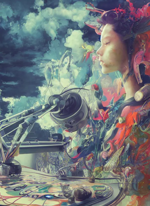 Image similar to surreal gouache painting, by yoshitaka amano, by ruan jia, by Conrad roset, by good smile company, detailed anime 3d render of a medicine pills Surrounded by a magical dragonfly and a big DJ Mixer, deck, portrait, cgsociety, artstation, rococo mechanical and Digital and electronic, dieselpunk atmosphere