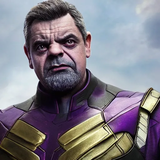 Prompt: Rowan Atkinson as Thanos in avengers infinity war