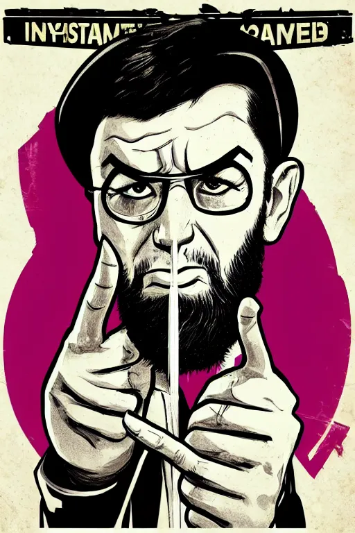 Image similar to angry ali khamenei, with pointing finger, delete unused layer, parallel content, hyperrealistic anatomy body content, violet polsangi pop art, gta chinatown wars art style, extreme quality masterpiece, bioshock infinite art style, incrinate, 2 color, white frame, content balance proportion