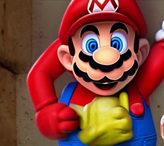 Image similar to Super Duper Mario, the legendary creepypasta monster with hyperrealistic bloody eyes, VHS found footage