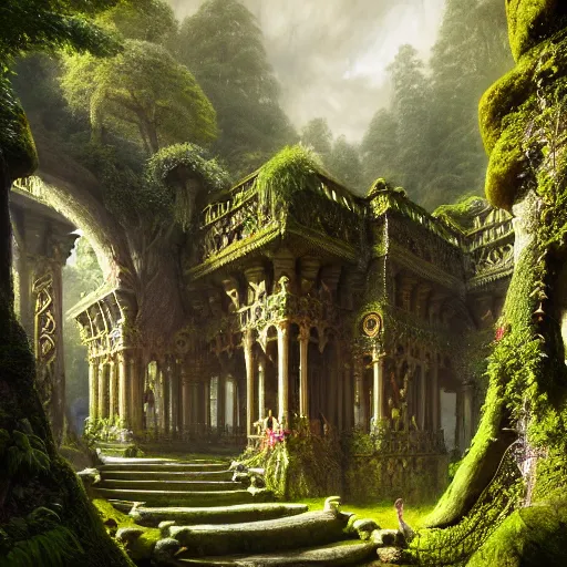 Image similar to a beautiful and highly detailed matte painting of an epic palace in a lush garden in a beautiful forest, carved celtic stone runes, psychedelic colors, intricate details, epic scale, insanely complex, hyperdetailed, artstation, cgsociety, 8 k, sharp focus, hyperrealism, by caspar friedrich, albert bierstadt, james gurney, brian froud,