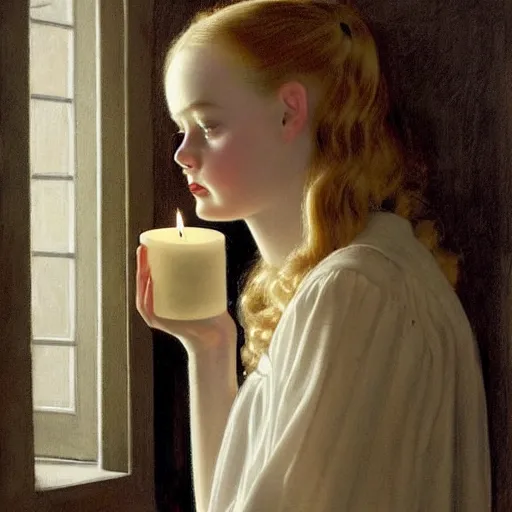 Image similar to Painting of Elle Fanning holding a candle in a dark hallway, long blonde hair, delicate, pale milky white porcelain skin, by Norman Rockwell. Extremely detailed.