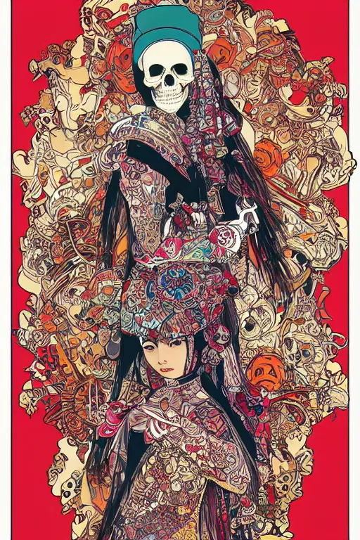 Image similar to indonesia traditional dress, skull portrait girl female skeleton illustration detailed patterns art pop art, splash painting, art by geof darrow, ashley wood, alphonse mucha, makoto shinkai