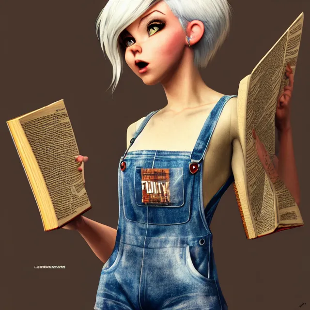 Image similar to full body pose, beautiful adult fairy, pixar, short white hair shaved sides, dirty, grungy, grunge, long sleeve, painted overalls, stacks of giant books, highly detailed, 4 k, hdr, smooth, sharp focus, high resolution, award - winning photo, artgerm, photorealistic