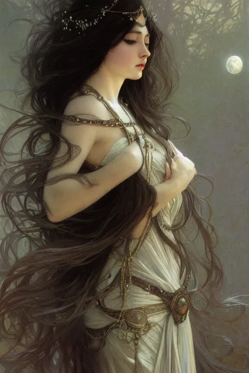 Prompt: thin goddess of moon, long dark hair, sad eyes, pale skin, silver and pearl jewelry, fantasy, intricate, highly detailed, digital painting, artstation, concept art, smooth, sharp focus, art by art by Artem Demura and Alphonse Mucha, ArtGerm, valentina remenar, ruan jia