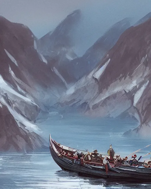 Prompt: A large viking ship in a norwegian fjord, By studio Ghibli, Artstation, Pixiv