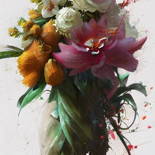 Image similar to Concept art, Contemporary tropical flower bouquet, 8k, james gurney, greg rutkowski, john howe, artstation