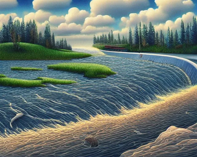 Prompt: a river runs through your heart, an ultrafine detailed painting by rafal olbinski, behance contest winner, pop surrealism, detailed painting, very detailed, minimalist, skeuomorphic, airbrush art