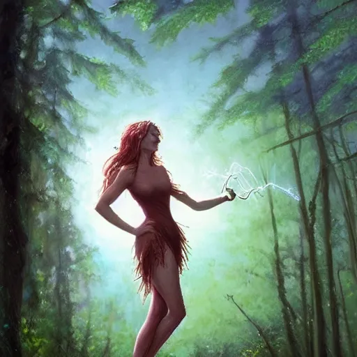 Prompt: beautiful faerie girl, in the forest, with evening lightning, artstation, highly detailed, glow around body, art by michael whelan