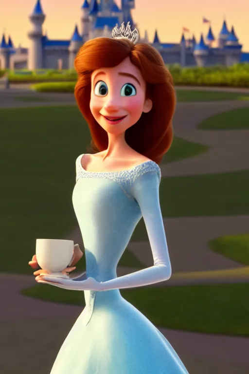 Prompt: portrait of a disney princess holding a white tea cup with the castle in background, full body. pixar disney 4 k 3 d render funny animation movie oscar winning trending on artstation and behance, ratatouille style