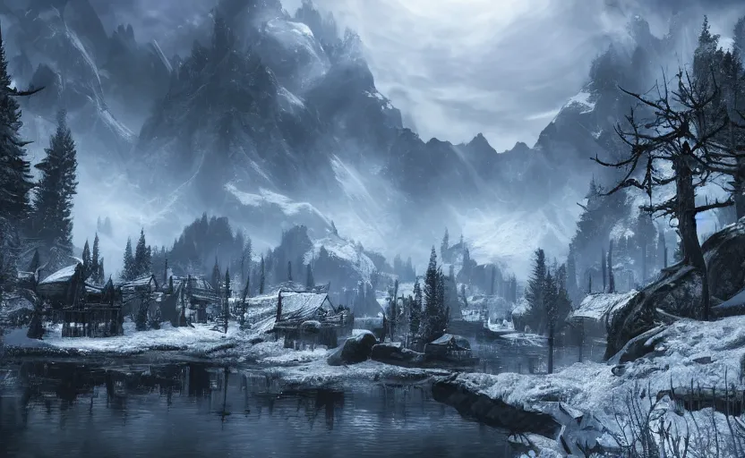 Prompt: the most beautiful scene in Skyrim, anime scenery concept art, 4k
