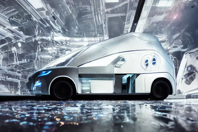 Image similar to a 2 8 mm closeup photo of a tesla cybertruck in a photo studio with a reflective floor, hyper detailed, smooth, high contrast, volumetric lighting, octane, roger dean, cinematic