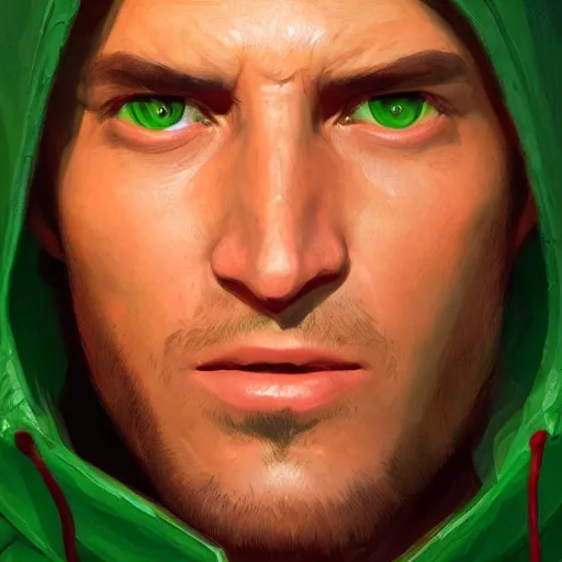 Prompt: portrait of a chad programmer with green hood by greg rutkowski, close up, dramatic lighting