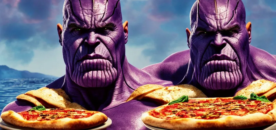 Image similar to a very high resolution image from a new movie. thanos eating pizza on a lake, photorealistic, photography, directed by wes anderson