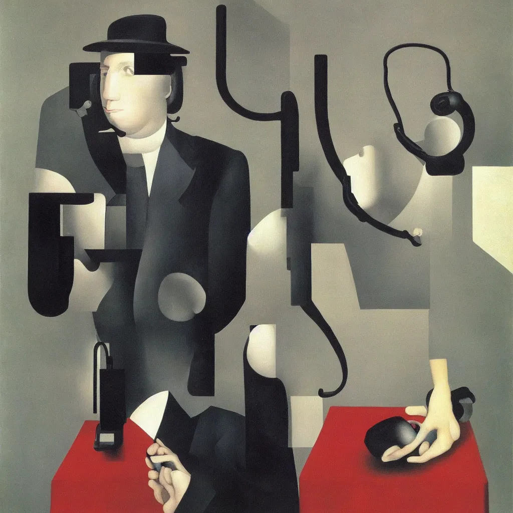 Prompt: i, a man wearing headphone and playing his iphone, by rene magritte