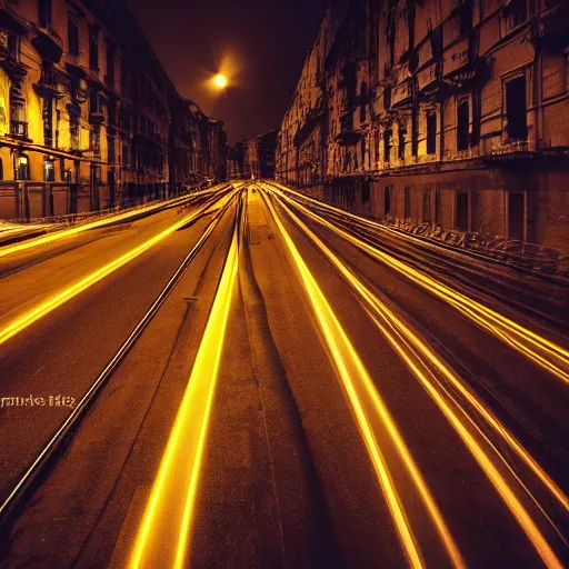 Prompt: long exposure of the cars in genoa at night. genova. street. night. neon lines. cars. nostalgic.