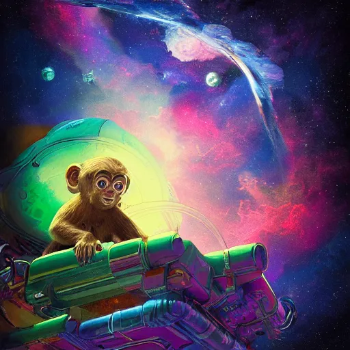 Prompt: giant energy monkey in space, digital, artstation, detailed intricate ink illustration, heavenly atmosphere, digital art, overdetailed art, concept art, complementing colors, trending on artstation, cgstudio, the most beautiful image ever created, dramatic, subtle, details, award winning artwork, beautiful scenery