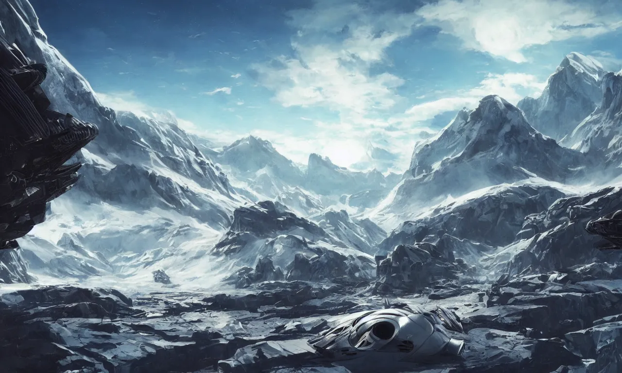 Image similar to frozen planet with mountains in clouds on the background, ravine in front, science-fiction, cinematic lighting, cinematic angle, Syd Mead, Federico Pelat, daylight, blue sky, spaceship in the sky