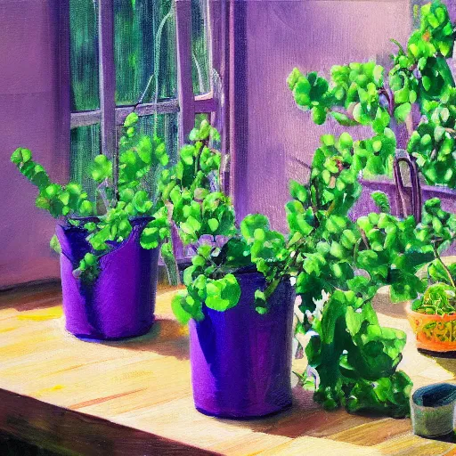 Image similar to several green and violet poisonous spiked vines grow from a pot, on wooden table in the ray of sunshine in greenhouse, oil painting, sharp focus, high detailed, calm, warm lighting, sparkles, by Rutkowsky