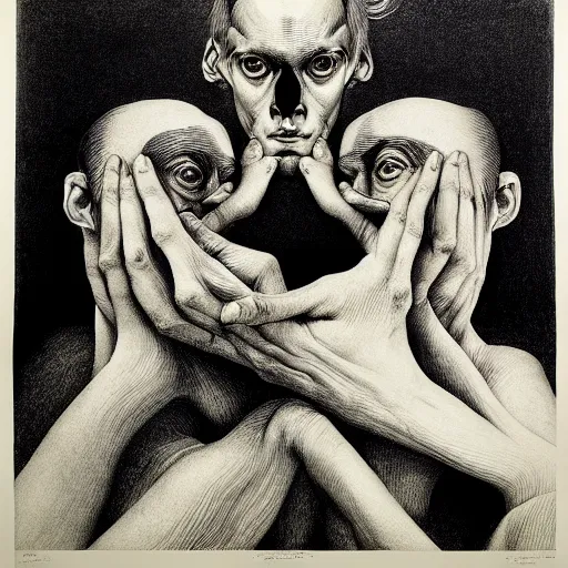 Image similar to lithography on paper conceptual figurative ( post - morden ) monumental dynamic portrait drawn by escher and hogarth and francis bacon, inspired by goya, illusion surreal art, highly conceptual figurative art, intricate detailed illustration, controversial poster art, polish poster art, geometrical drawings, no blur