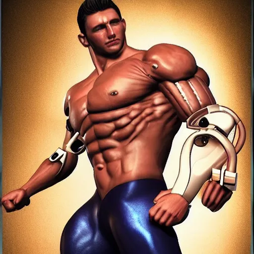 Image similar to a realistic detailed photo of a bodybuilder who is also a male android Chris Redfield, shiny skin, posing robotically, blank stare