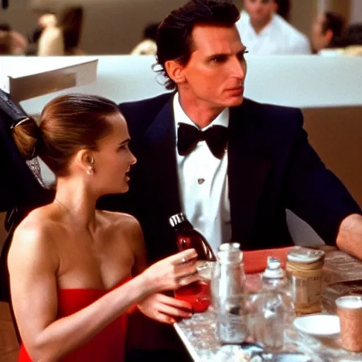 Image similar to patrick bateman on a date with natalie portman, cinematic