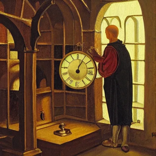 Image similar to medieval monk maintaining an extremely complex mechanical clock, oil painting, warm lighting