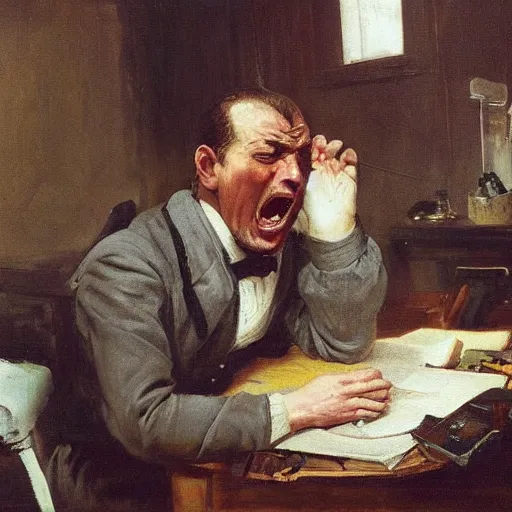 Image similar to an angry man yells at his computer monitor, oil on canvas, 1 8 8 3, highly detailed